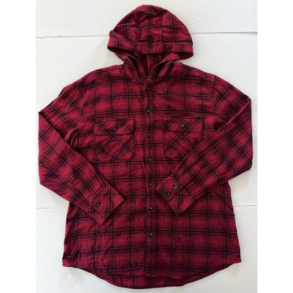 Aritzia TNA Hoodie Flannel Shirt Women L Red Plaid Button Up Lightweight - Picture 1 of 10